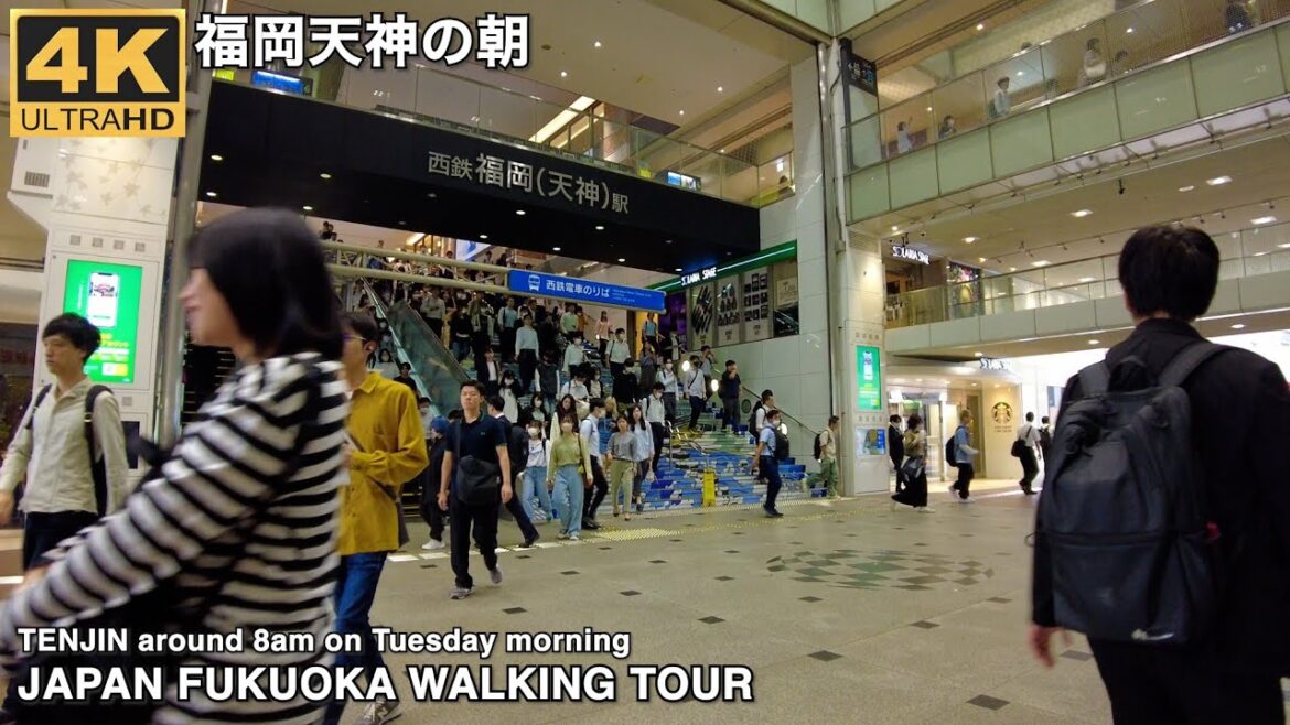 日本の福岡市天神の朝8時過ぎを歩く4k japan walking view in Fukuoka city around Tenjin,on a weekday morning