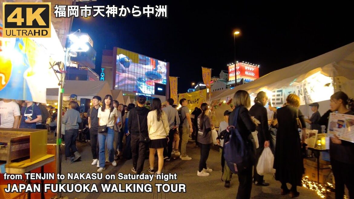 福岡市天神から中洲(土曜夜)へ歩く4k japan walking tour from Tenjin area to Nakasu area in Fukuoka city on Saturday