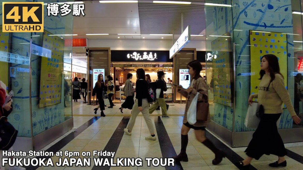 博多駅(金曜夜6時)を歩く4k japan walking tour Hakata  Station on Friday night.