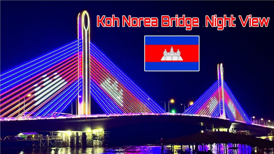The Most Beautiful Night View Koh Norea Bridge With Cambodia Flag Phnom Penh City