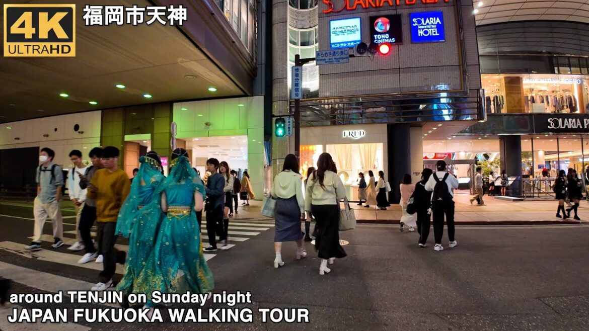 福岡市天神周辺(日曜夜)を歩く4k japan walking tour around Tenjin area in Fukuoka city