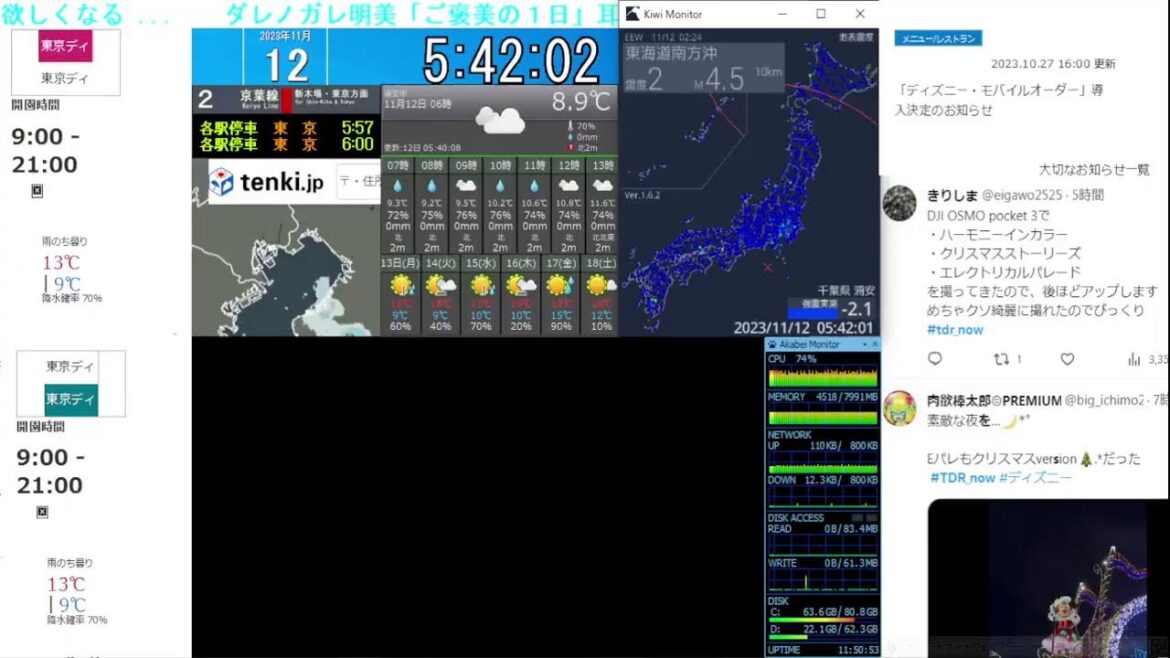【 ディズニーライブカメラ  DisneyLiveCam 】 ディズニー・ライト・ザ・ナイト ライナイ 花火 舞浜 浦安 天気 地震 鉄道 飛行機 現地情報 ディズニーランド ディズニーシー