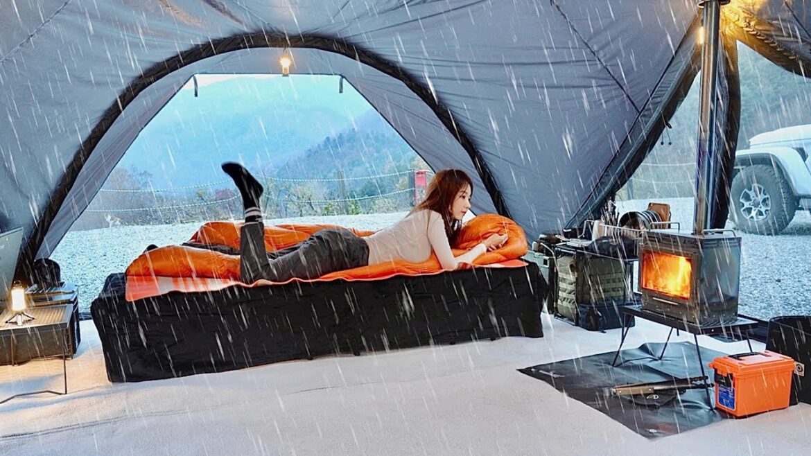 Solo camping in the rain in a unique design black tent / food mukbang Solo camping in the rain in a unique design black tent / food mukbang