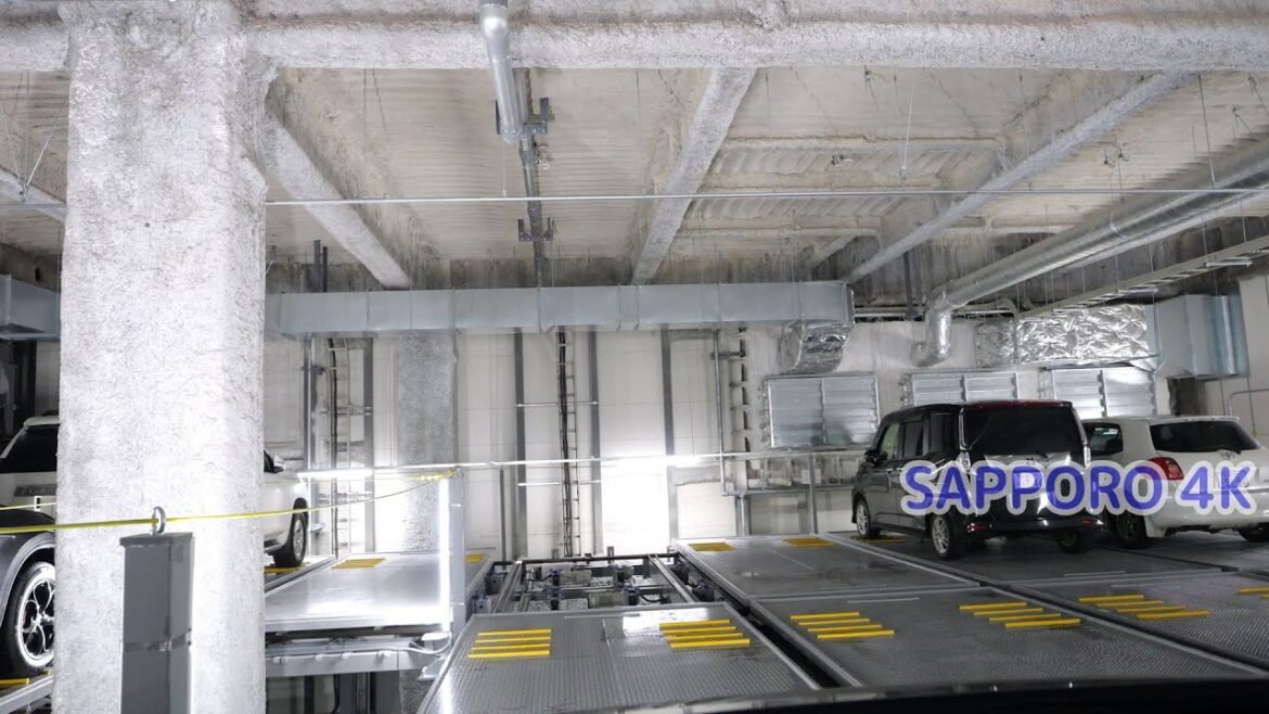 ココノススキノ機械式駐車場：入口～水平循環式～出口[ 札幌市 4K/60p GH6 車載動画 2023ドライブ] COCONO SUSUKINO Automated parking Garage