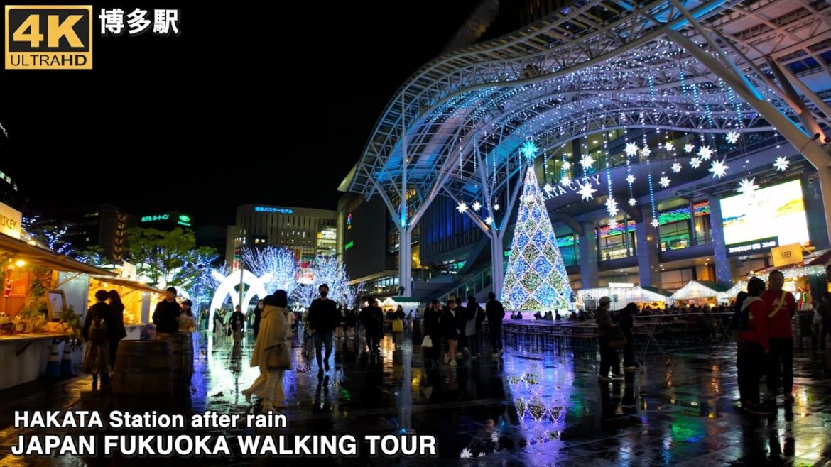 博多駅(雨上がりの月曜午後8時前)を歩く4k60p japan walking tour Hakata Station(under Christmas lights)after rain