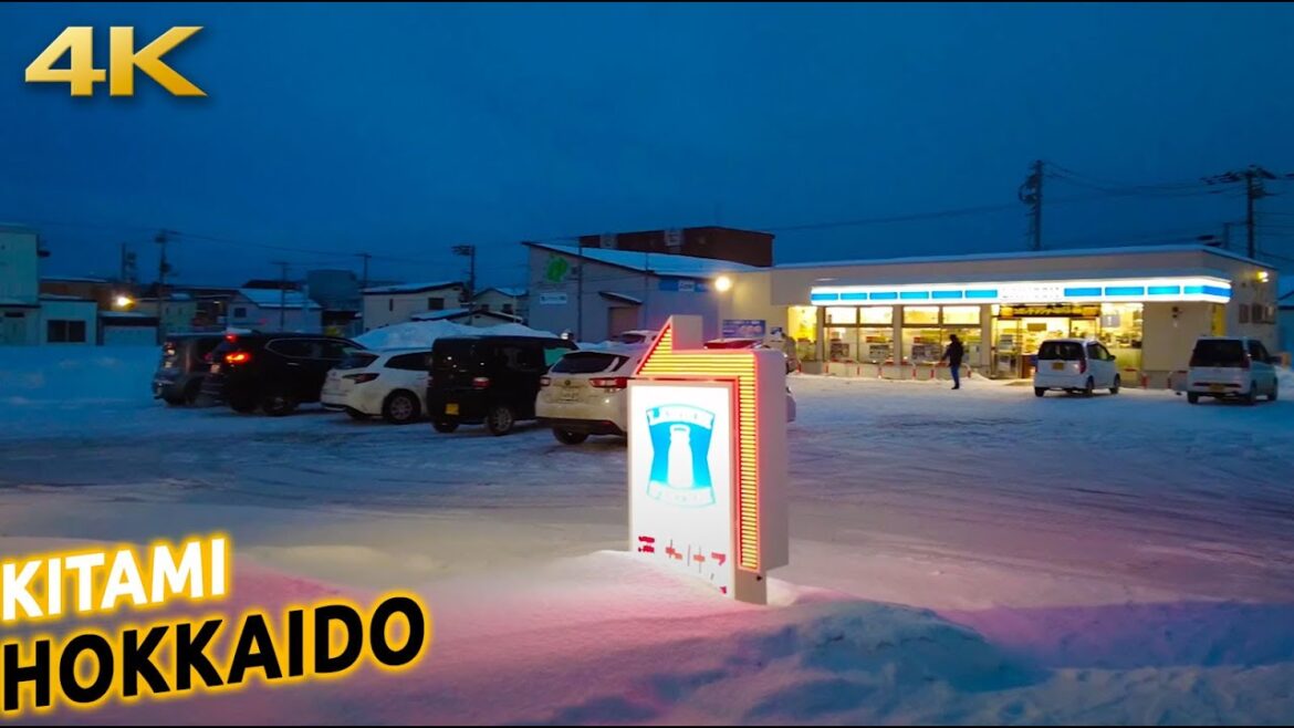Freezing evening walk in the snow of HOKKAIDO, Kitami city in Japan [4K]