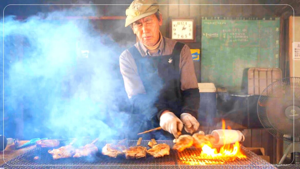 Delicious grilled chicken thighs at a food stall deep in the mountains! japanese street food. 屋台