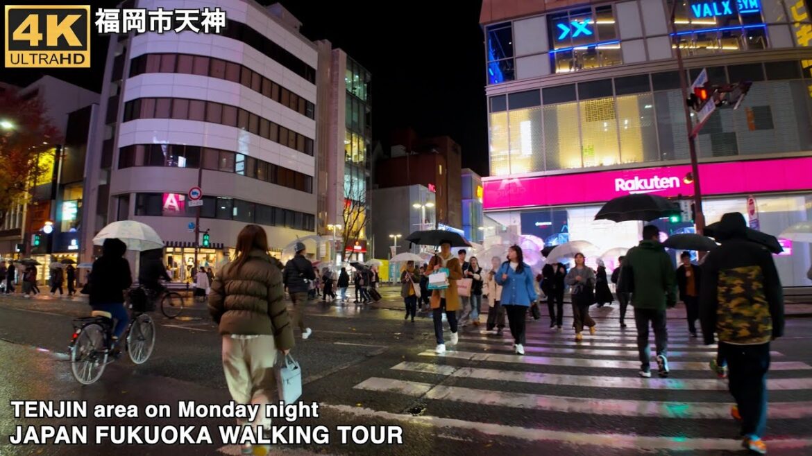 福岡市天神周辺(雨の月曜夜)を歩く4k japan walking tour around Tenjin area in Fukuoka city