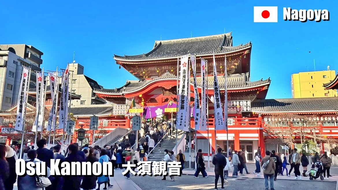 Osu Kannon overflowing with New Year's worshippers, Nagoya, Japan | 4K Walking