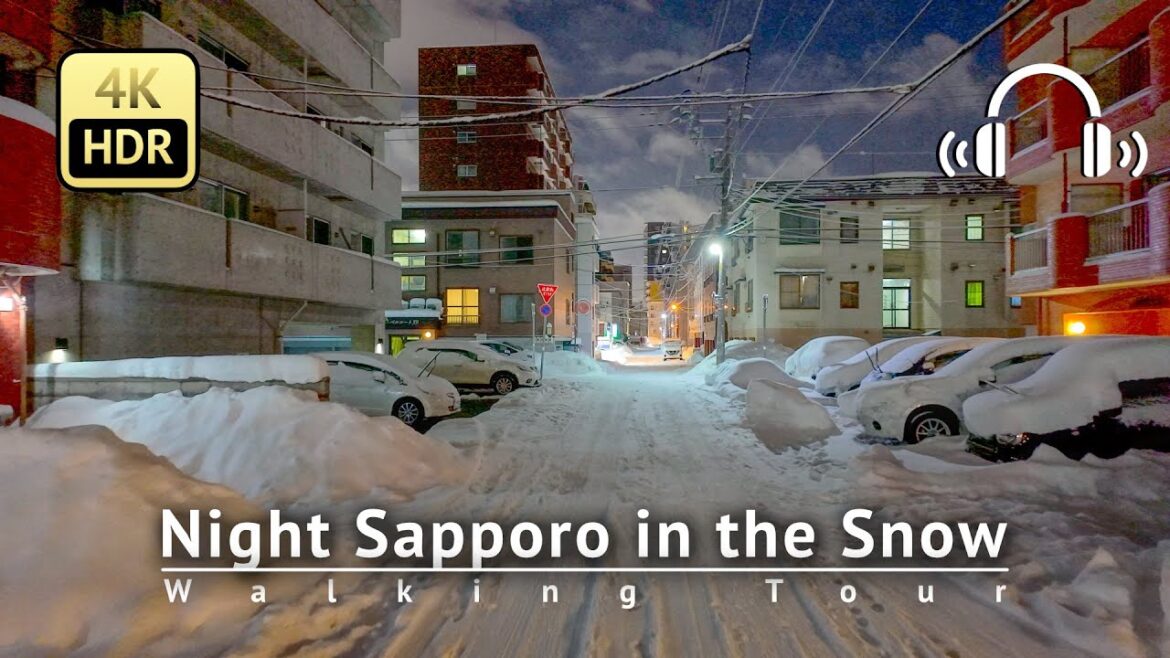 Japan - Night Sapporo in the Snow (I fell during the walk) - Hokkaido [4K/HDR/Binaural]