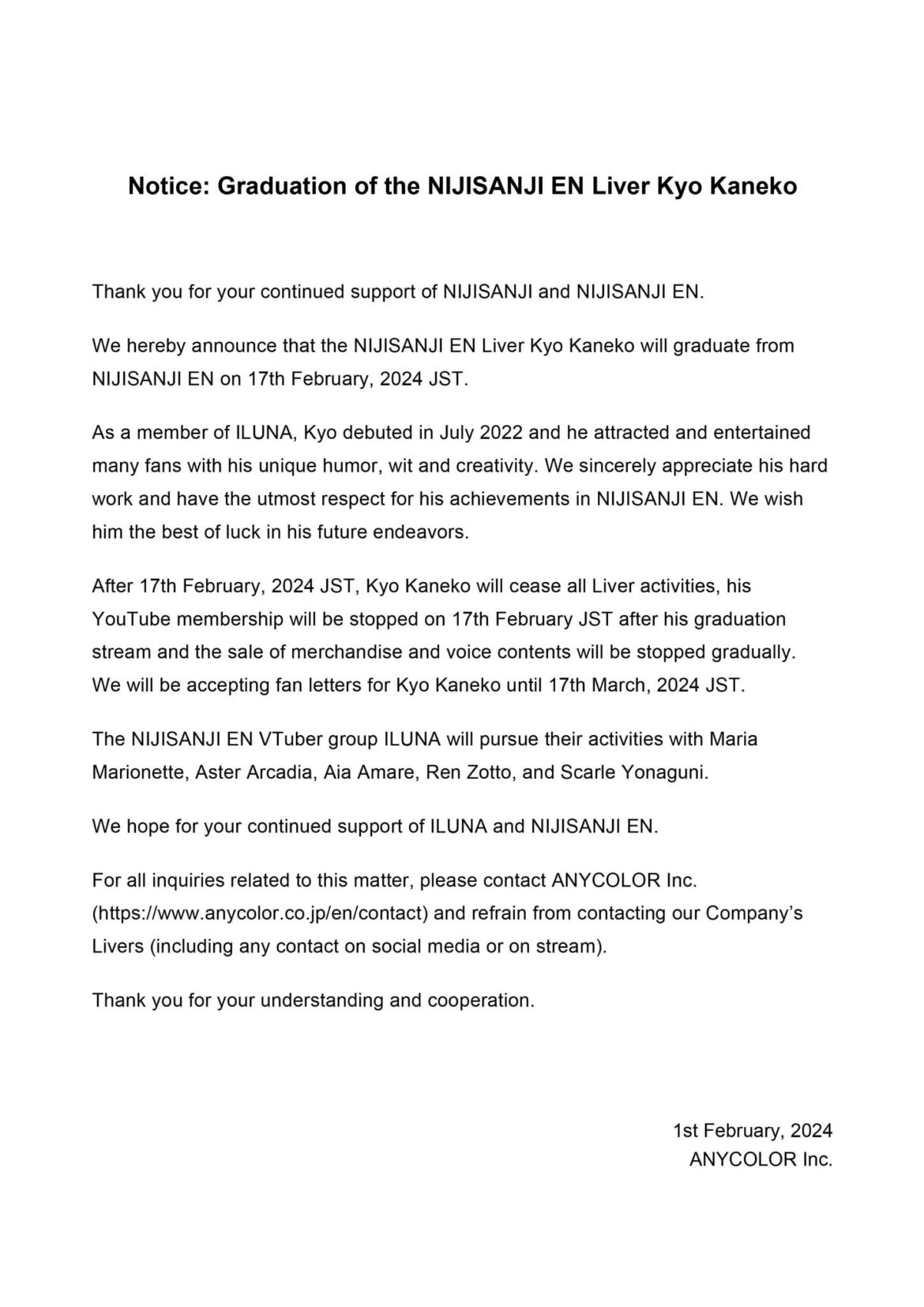 Kyo Kaneko Graduation Announcement