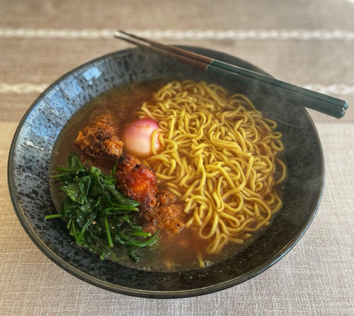 Miso ramen with karaage, spinach and boiled egg