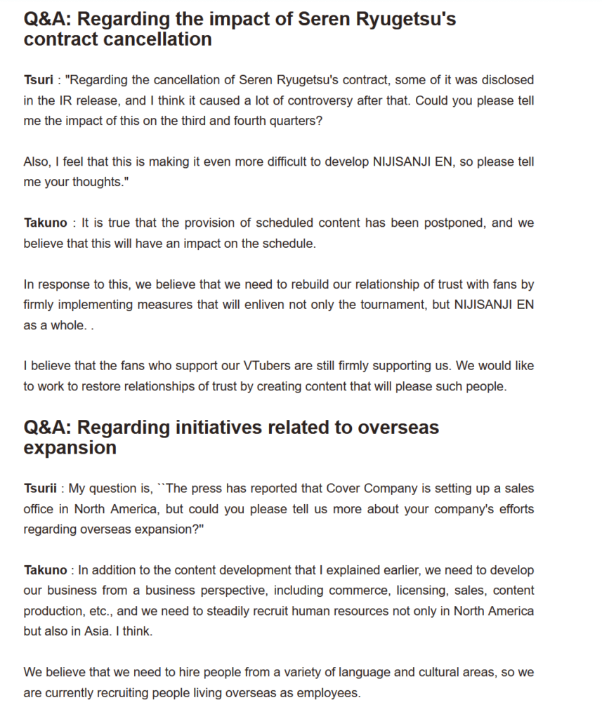 Answers to Investor Q&A about Selen and comparison to Cover's US Expansion