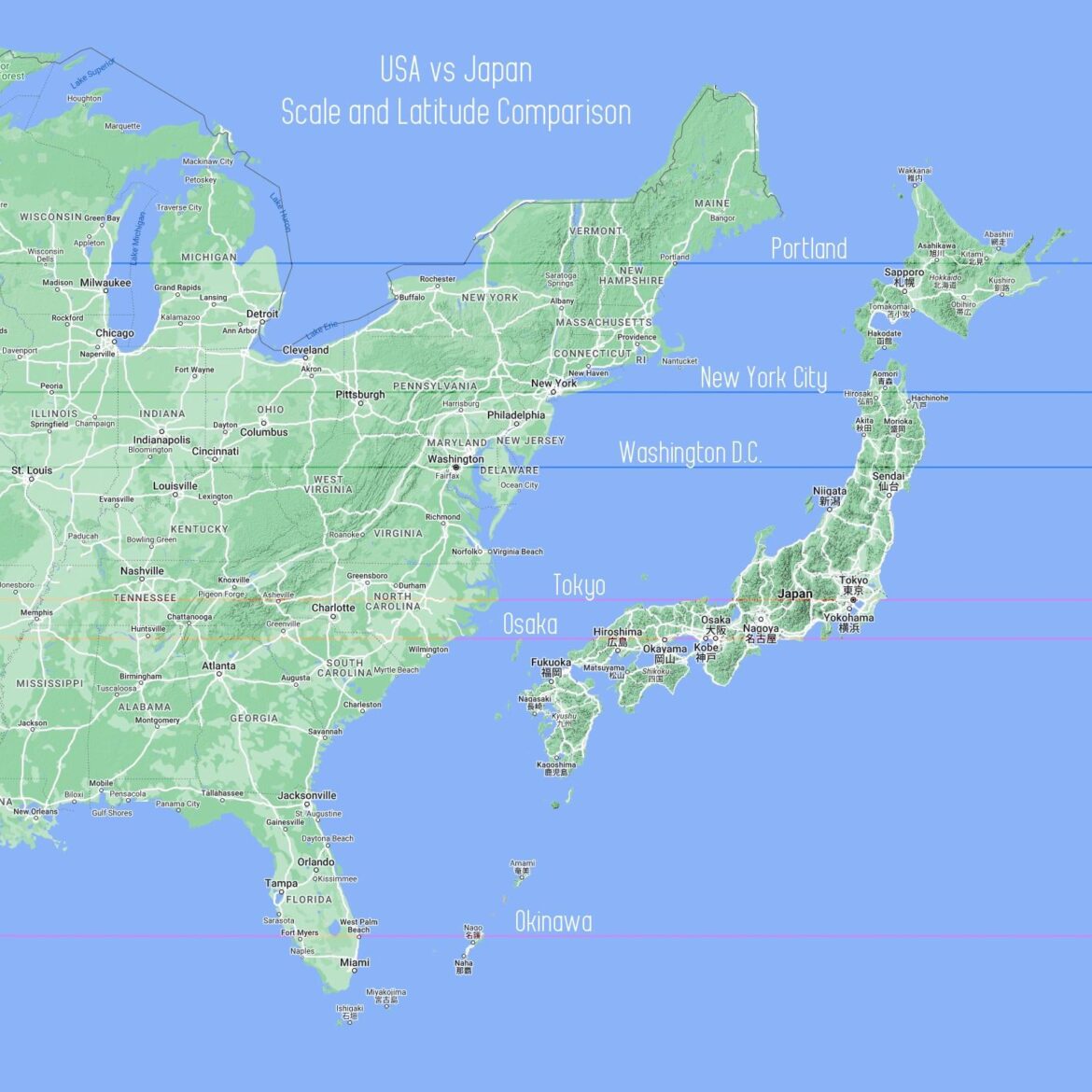 I thought it would be interesting to compare Japan to the East coast USA in scale, and latitude position of famous cities.
