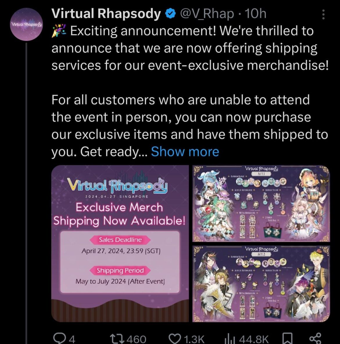 Virtual Rhapsody SG have changed their minds and are now offering to ship out event-exclusive merch for those unable to attend in person