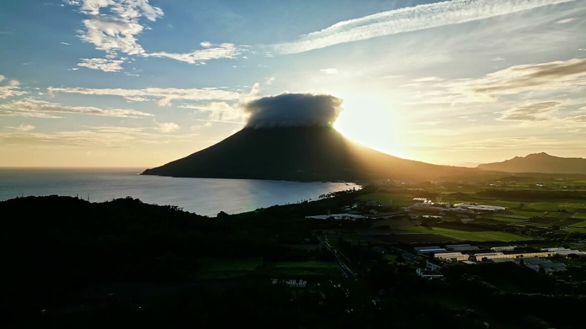 Kaimondake Volcano Mount Satsuma Fuji - Beautiful Sunset Drone Shot #japan #volcano #kagoshima