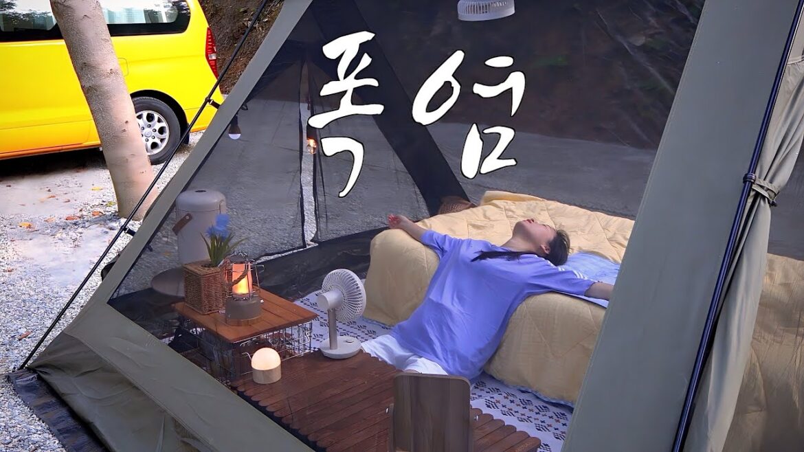 숨 막히는 폭염! 개방감 좋은 텐트 안에서 솔로 캠핑 / 전복 물회와 숯불 닭마카세 / 다이소 캠핑 용품 / 캠빌 A텐트 / 캠핑 브이로그 / 진도 카멜리아 힐즈 캠핑장