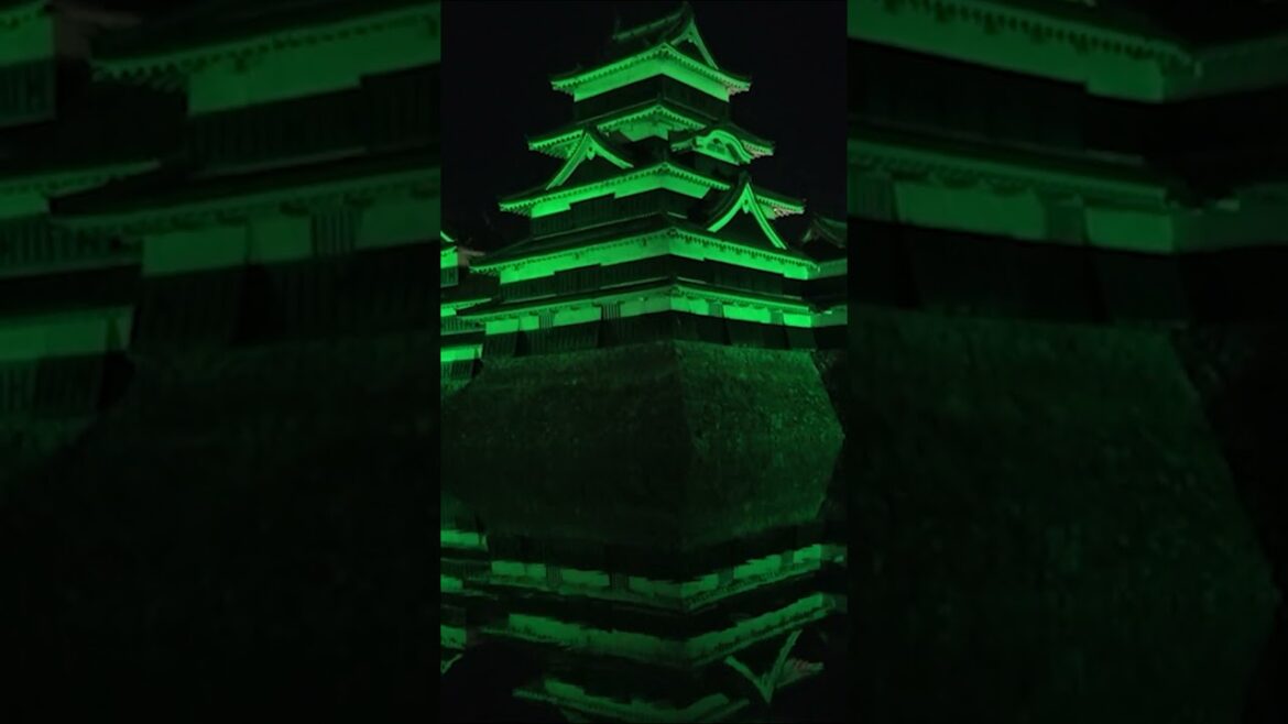 【緑色に怪しく輝く松本城 2024.07.05】労働災害防止を推進する「全国安全週間」に合わせてライトアップ。