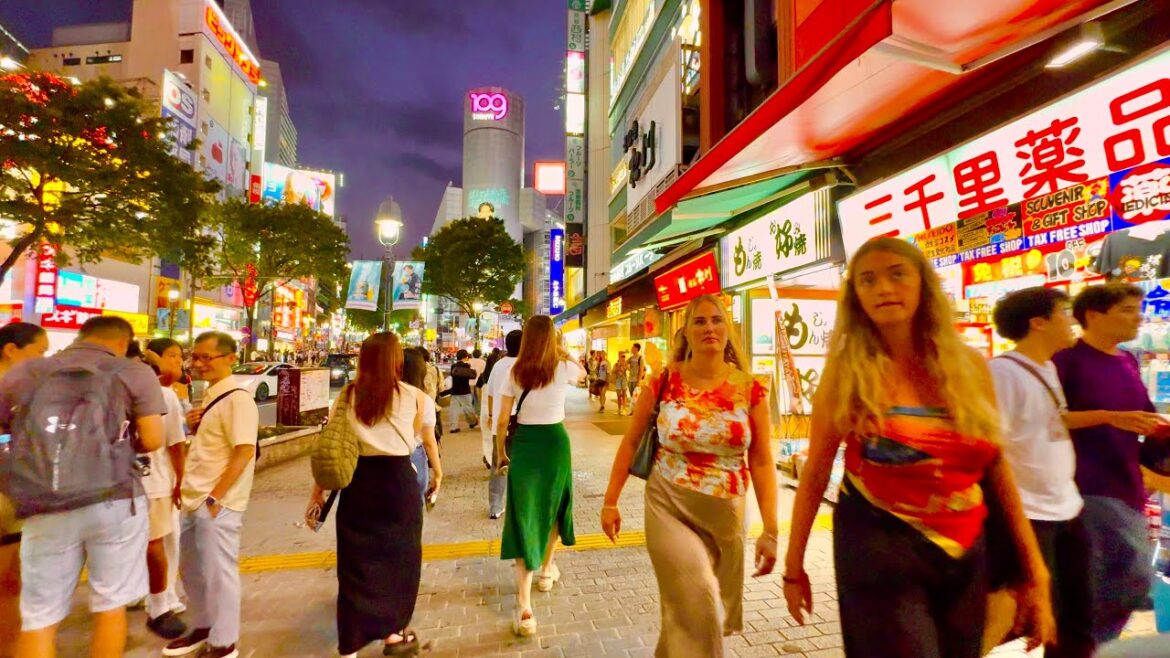 日本の東京渋谷の夜景。Shibuya walking Tour. Tokyo, Japan.