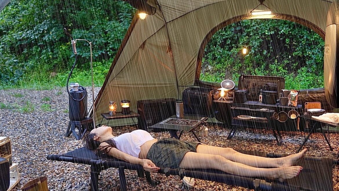 Solo car camping in the pouring rain in the foggy forest - sounds of nature ASMR