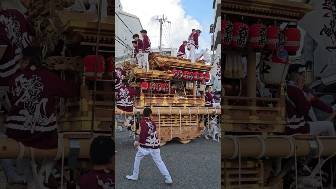 バックからの回転して、進んでいく大官町だんじり❗ 築地だんじりまつり2024 (初嶋大神宮/尼崎市)