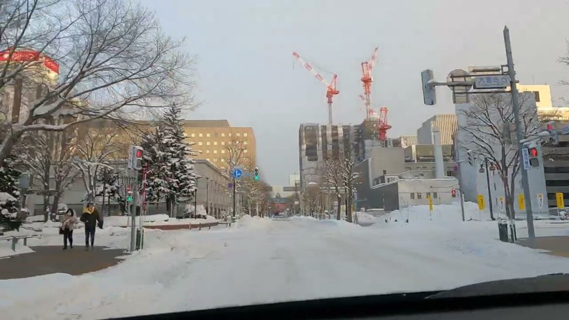 Driving in downtown Sapporo on a snowy winter morning