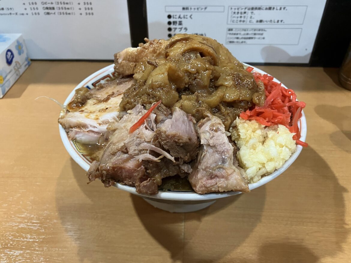 Jiro Style Ramen at Meji, extra meat, garlic, pork backfat and benishoga
