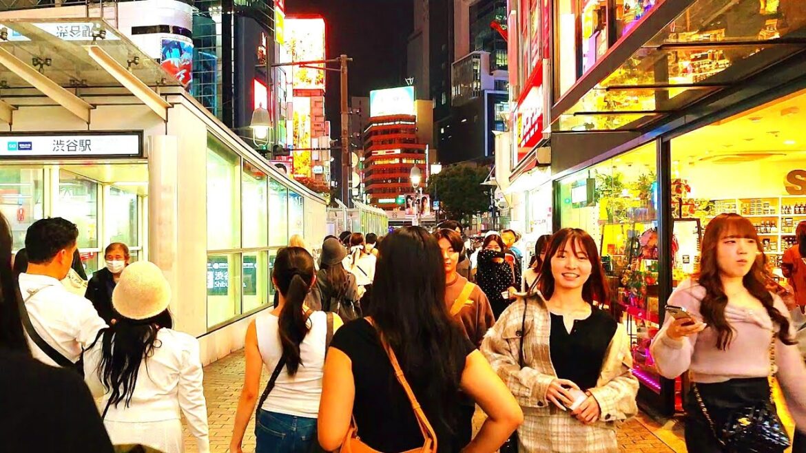 Japan virtual tour in Shibuya at night. Tokyo, Japan.