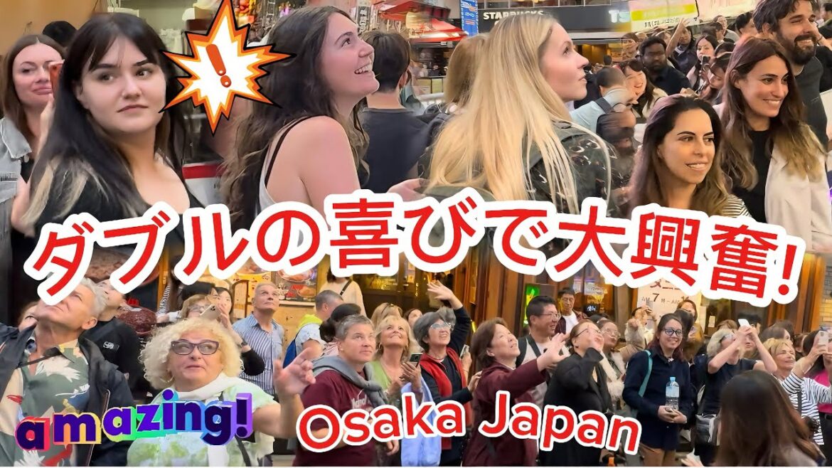 ダブルの喜びで、外国人観光客が大興奮！「アレ、不思議！日本でスターになった！」と感激した観光客。大阪難波の道頓堀。Wow, that's amazing! We became a star !