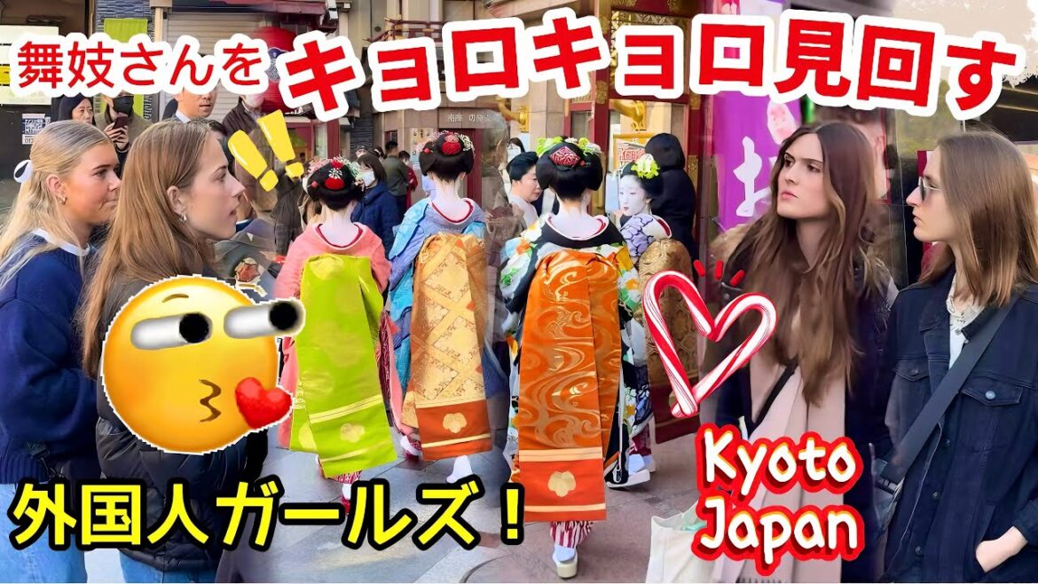 舞妓さんをキョロキョロ見回す外国人ガールズ！先斗町の芸舞妓さん達が南座に観劇に続々やって来た！京都祇園。Foreign girls looking around at the maiko!