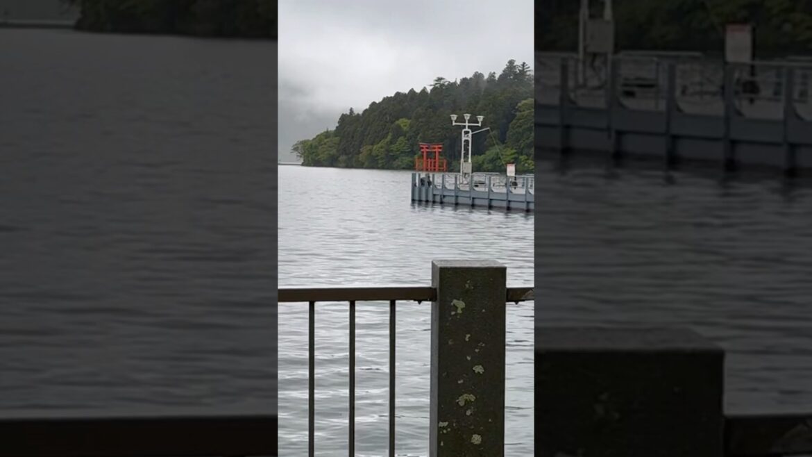 Stunning view of Hakone Shrine’s red torii gate across a misty Lake Ashi on a cloudy day in Hakone.