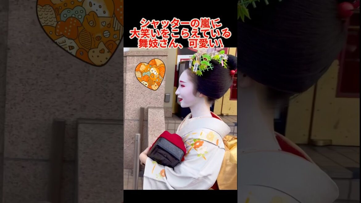 シャッターの嵐に大笑いをこらえている舞妓さん、可愛い！京都祇園。Maiko trying to hold back her laughter as shutters start to pop up