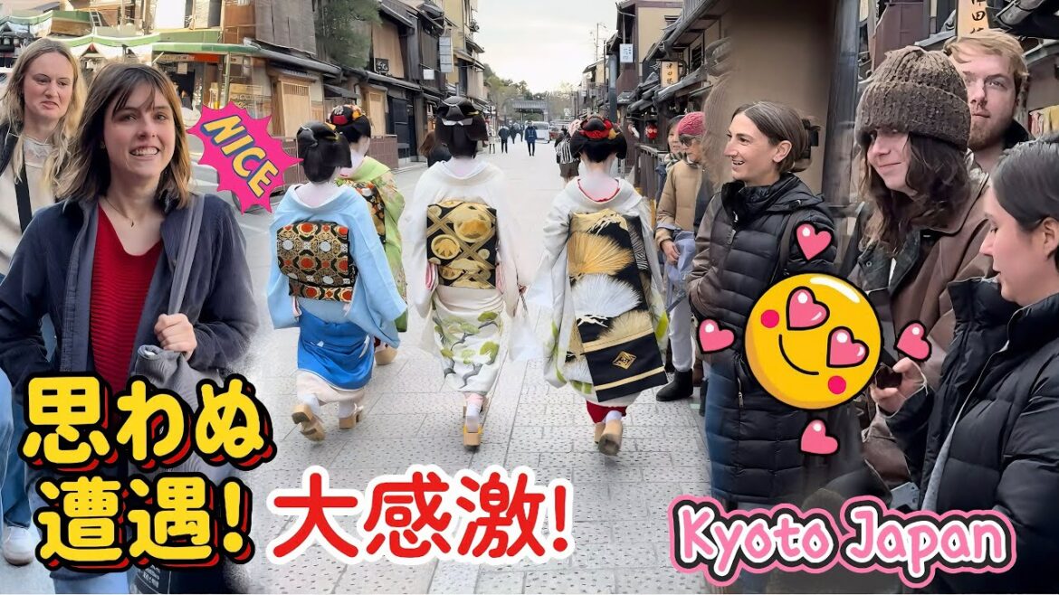 舞妓さんと思わぬ遭遇、大感激の外国人観光客！新春の風物詩、芸舞妓さんの初寄りで、大興奮！京都祇園。Unexpected encounter! Foreign tourists thrilled!