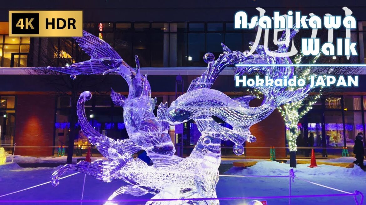 Walk City Center lined with Ice Sculptures and Snowy Streets | Hokkaido | Japan | 4K HDR