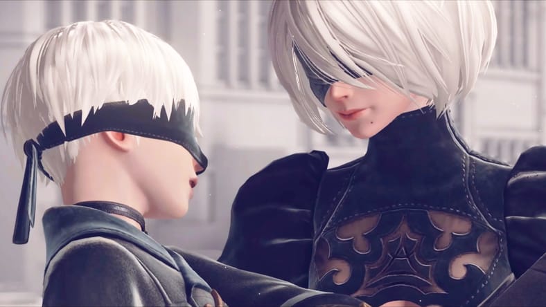 2B (Yui Ishikawa) carries 9S (Natsuki Hanae) off the battlefield in NieR: Automata (201), PlatinumGames