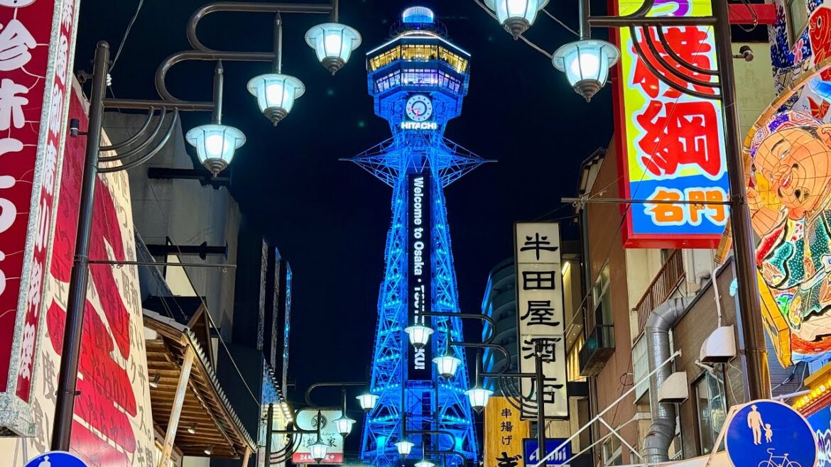 Walking Tour Osaka’s Famous Shinsekai "New World" District with Tsutenkaku Tower in 4K