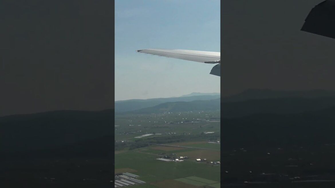 夏山状態の大雪山を見ながら滑走路に降下する旭川空港行きAIRDO-B767機内窓からの景色