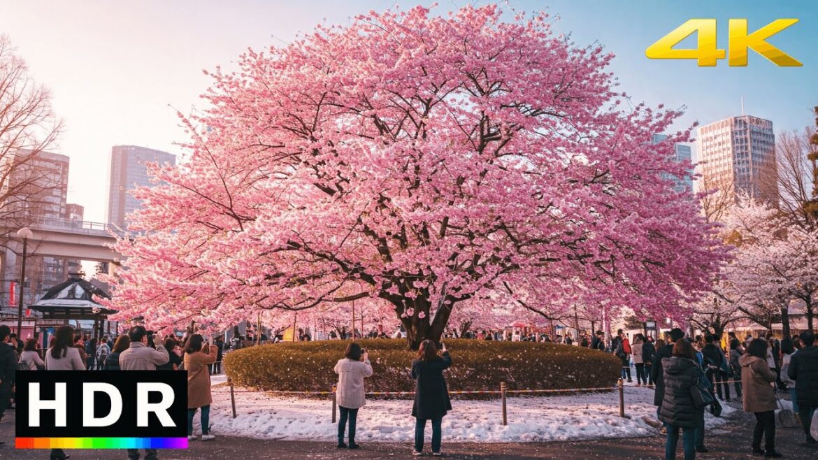 Surprise Tokyo snow day as Sakura start blooming - 4K HDR