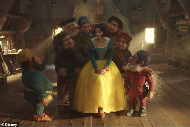Still from 2025 live action Snow White film, showing the seven dwarfs