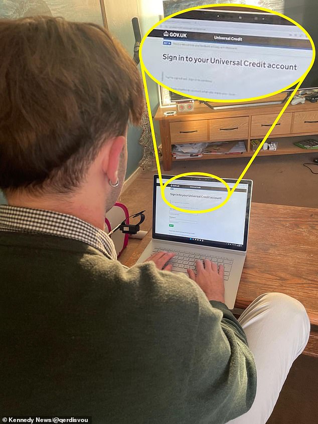 The former business student is shown logging on to check his Universal credit account