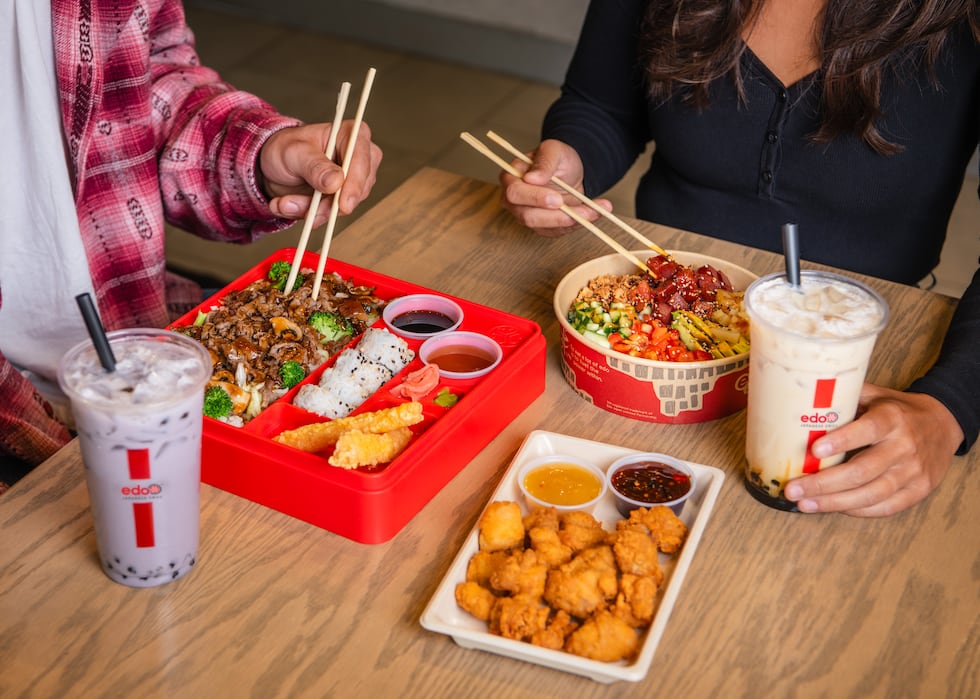 Bento box, poke bowl and orange chicken on display at Edo Japanese Grill.