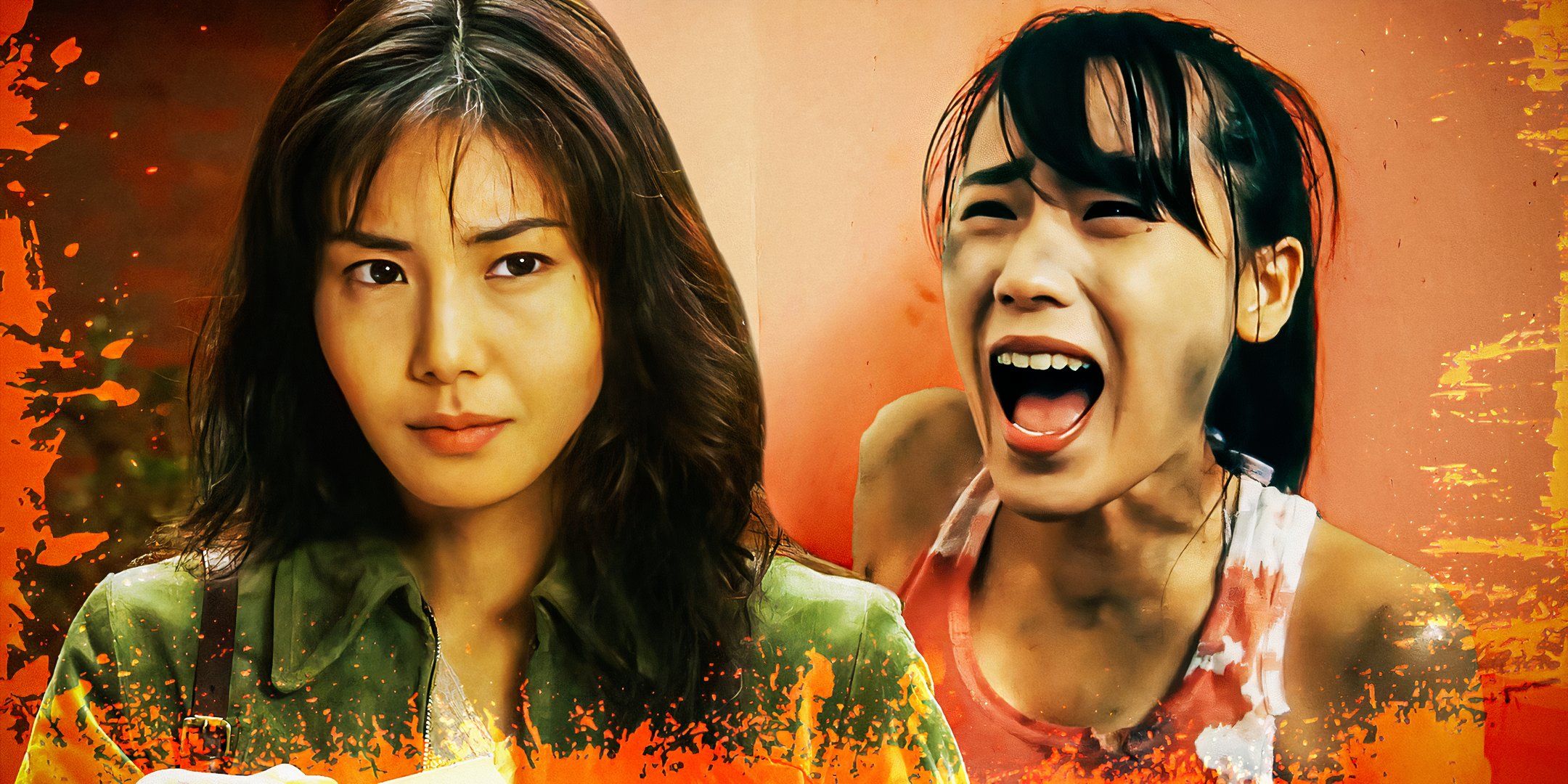 Imagery from One Cut Of The Dead (2017) and Ring (1998) Japanese actresses covered in blood