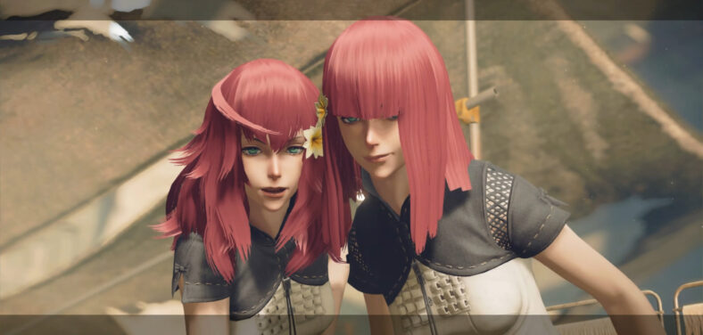Devola (Ryoko Shiraishi) and Popola (Ryoko Shiraishi) welcome 9S (Natsuki Hanae) back to the world of the living in NieR: Automata (201), PlatinumGames