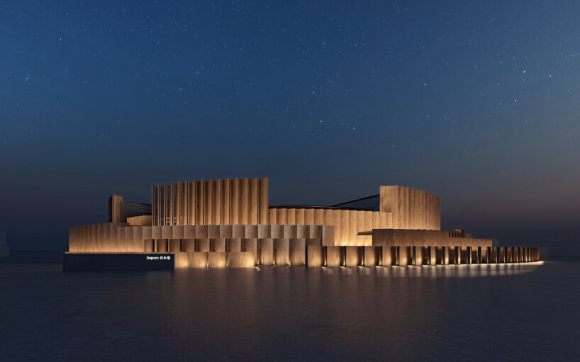 exterior rendering of the Japan Pavilion at Expo 2025 Osaka at night