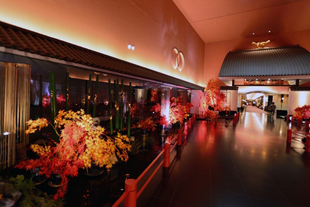 Hotel Gajoen, Meguro, Tokyo - view of hallways with small trees tinted red and yellow