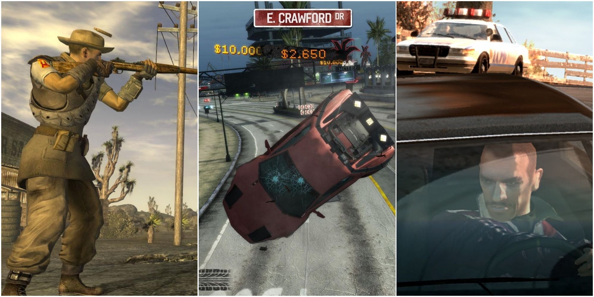Fallout: New Vegas, Burnout Paradise, and GTA IV in this split feature image