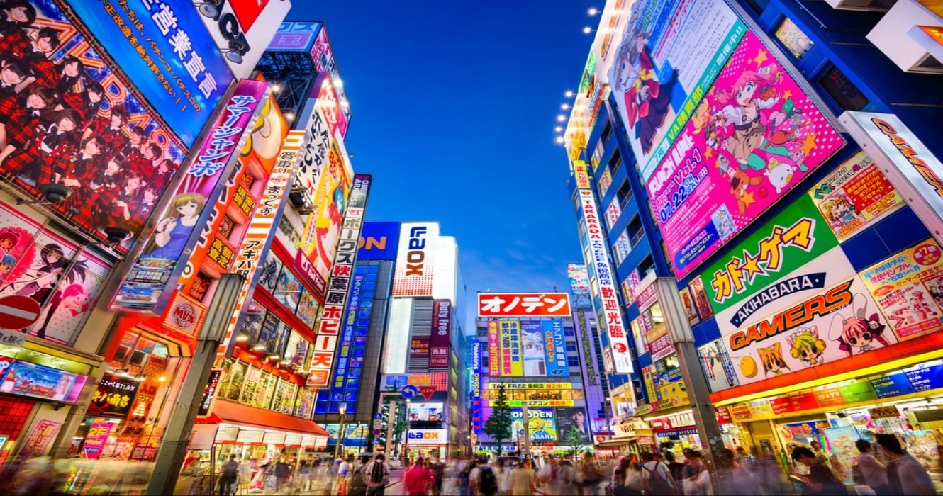 Colorful nightlife and stores in Akihabara, Tokyo, Japan, at night