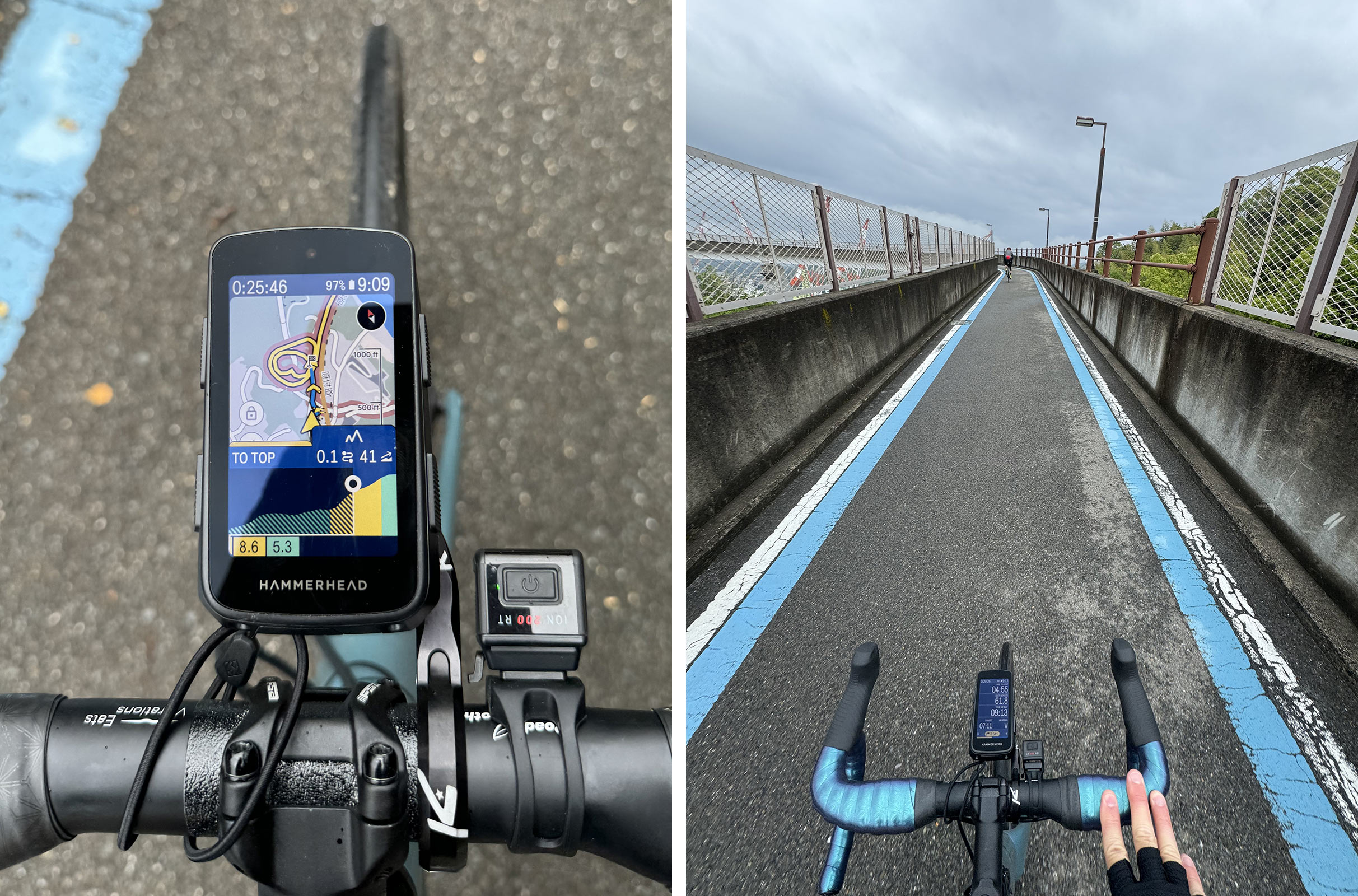riding a bike on a bridge.