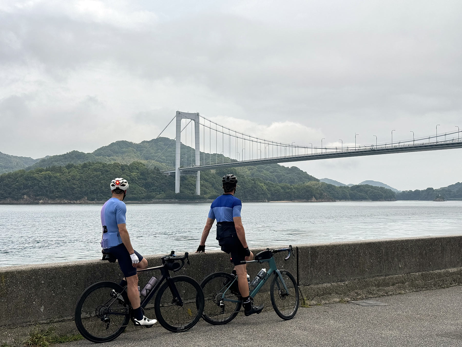 cyclists looking at a bridge.