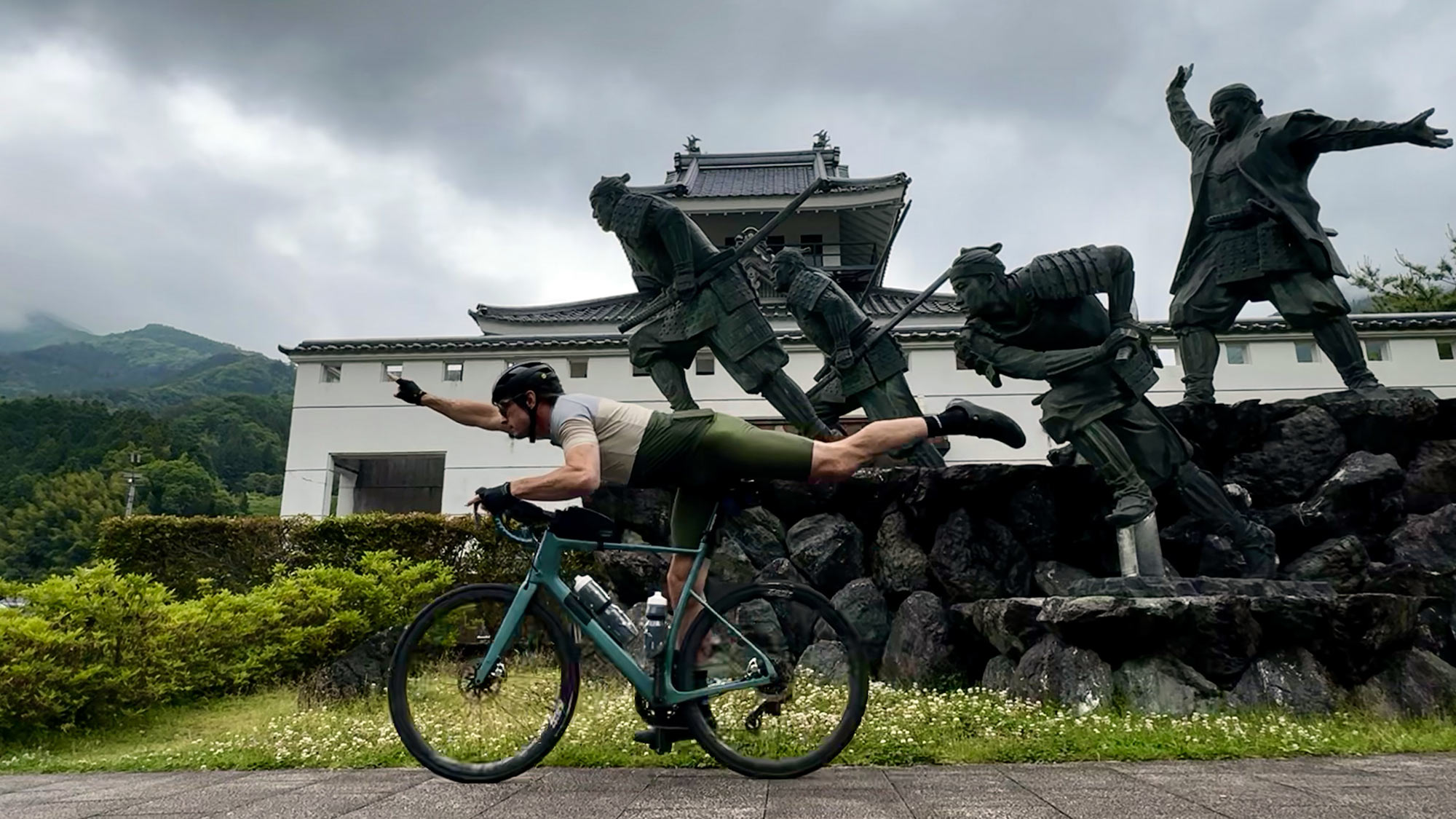 riding past samurai statues in japan.